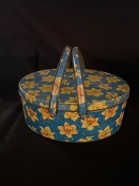 Antique Sewing Box/ Cookie Tin w/ Handles daffodil Floral Design.